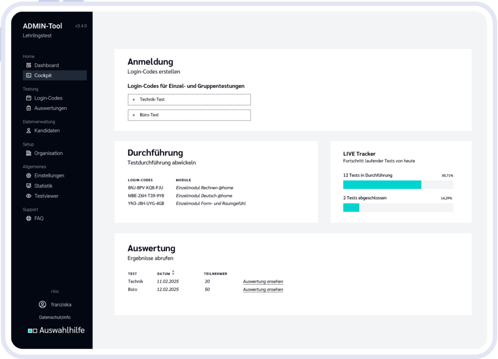 Cockpit im ADMIN-Tool der Auswahlhilfe-Lehrlingstests.