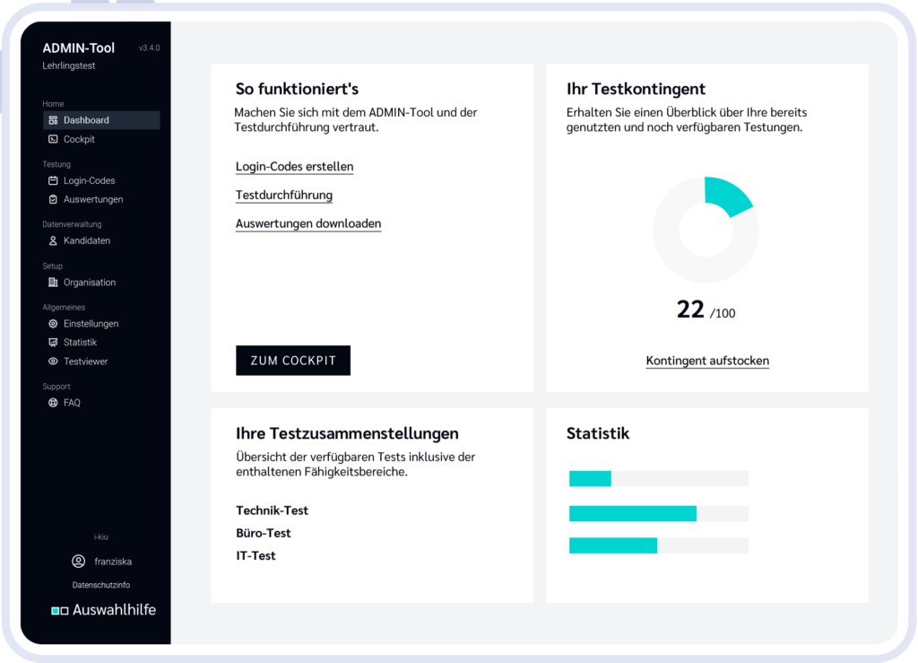 Dashboard im ADMIN-Tool der Auswahlhilfe-Lehrlingstests.