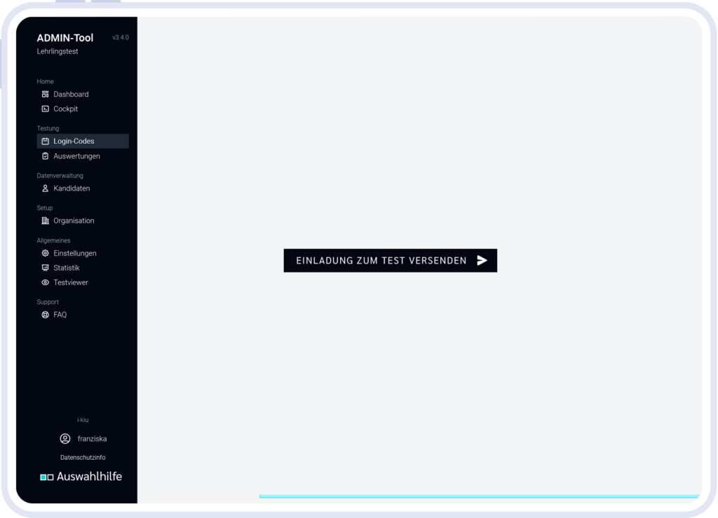 Testanmeldung im ADMIN-Tool der Auswahlhilfe-Lehrlingstests.