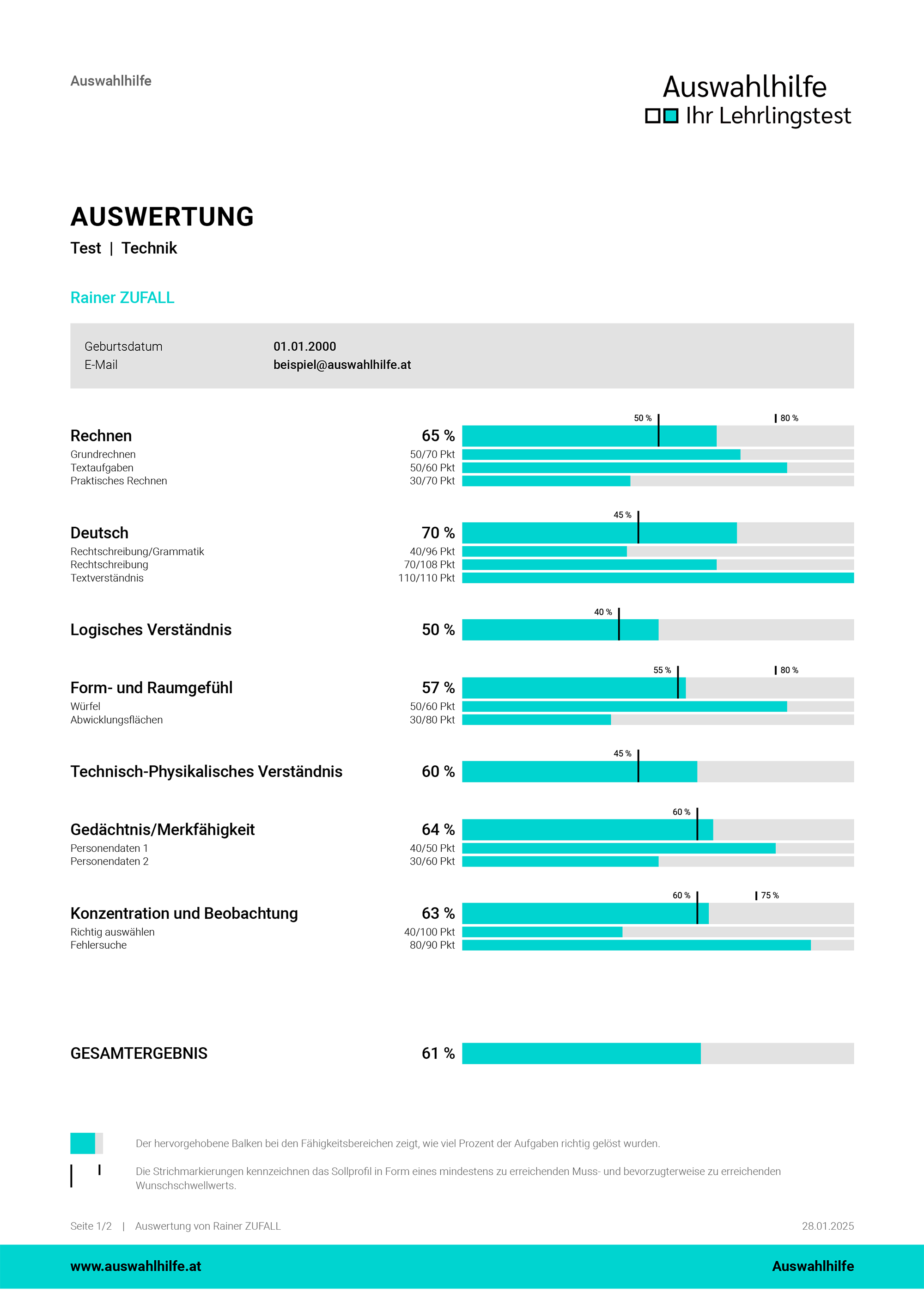Beispiel für eine Auswertung des Auswahlhilfe-Lehrlingstests im Bereich Technik.
