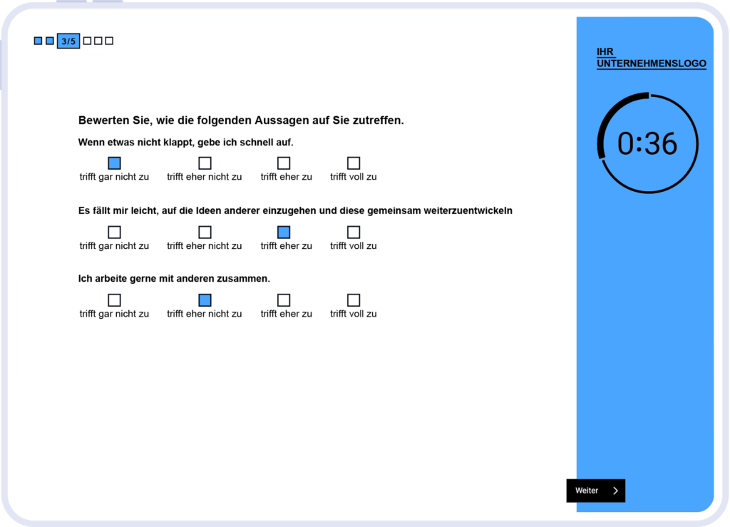 Unternehmensspezifisches Testmodul der Auswahlhilfe für den Bereich Selbsteinschätzung.