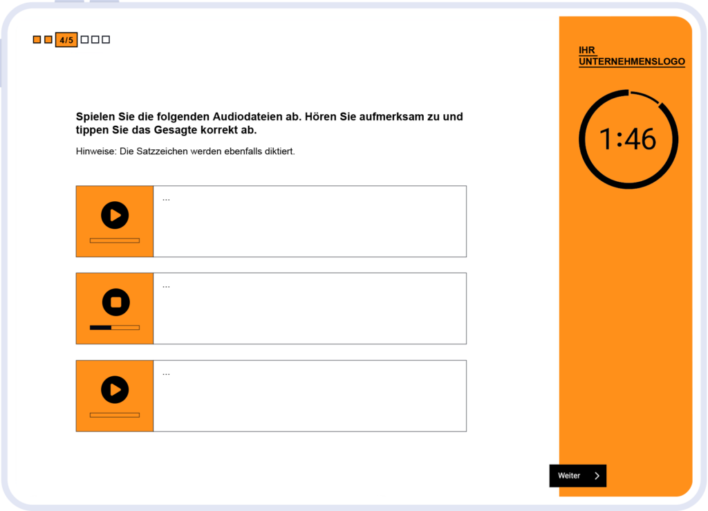 Unternehmensspezifisches Testmodul der Auswahlhilfe für den Bereich Diktat.